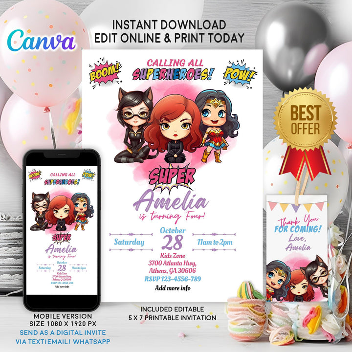 Wonder Woman Invitation - Batwoman Invitation - Super Hero Girls Invite - Phone Invite - Thanks tag - Instant download - Canva Template - kidszoneparty