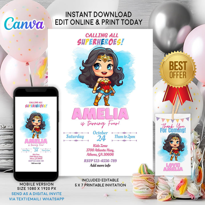 Wonder Woman Invitation - Super Hero Girls Invitation - Phone Invite - Thanks tag - Instant download - Canva Template - kidszoneparty