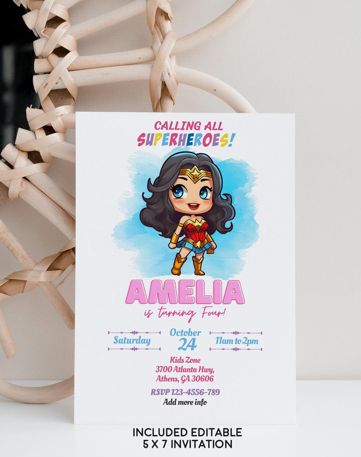 Wonder Woman Invitation - Super Hero Girls Invitation - Phone Invite - Thanks tag - Instant download - Canva Template - kidszoneparty