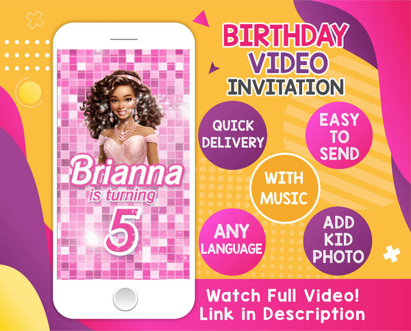 Dark Skin Barbie Video Invitation | Dark skin Barbie Birthday Party Animated Invitation