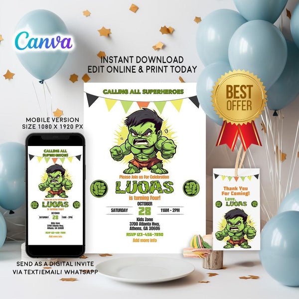 Hulk Marvel Birthday Invitation Template - Super Heros Invitation - Phone Invite - Thanks tag - Instant download - Canva Template - kidszoneparty