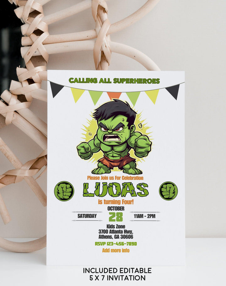 Hulk Marvel Birthday Invitation Template - Super Heros Invitation - Phone Invite - Thanks tag - Instant download - Canva Template - kidszoneparty