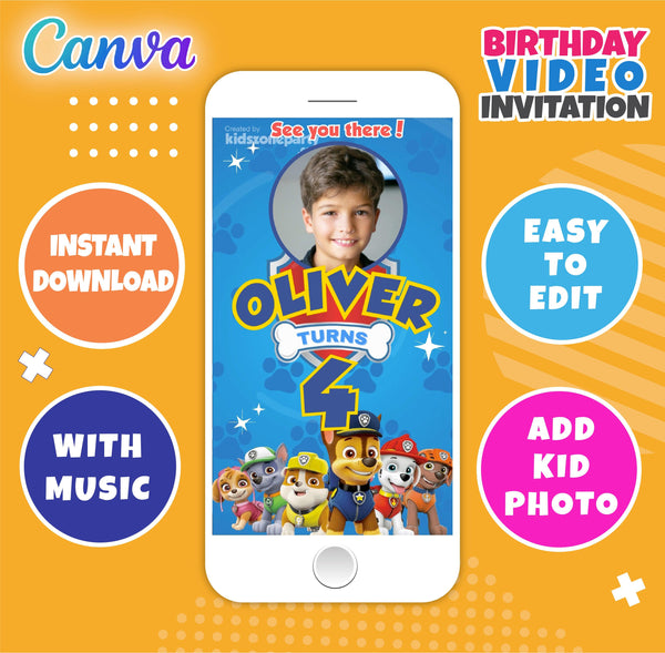 Paw Patrol Video Invitation - Editable and instant downloadable - Canva Template - With Music - kidszoneparty