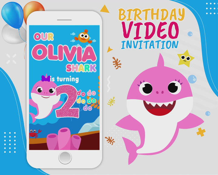 Pink Baby Shark Video Invitation, Girl Baby Shark Video Invitation With Music