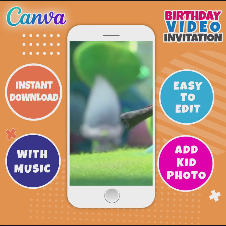 Trolls Birthday Video Invitation | Editable and instant downloadable | Canva Template