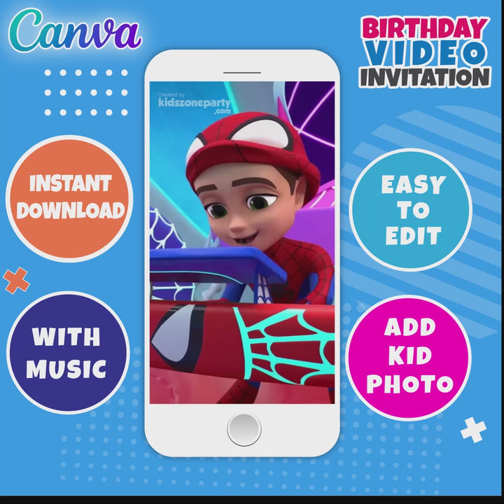 Spidey and his amazing friends birthday Animated video invitation Editable and instant downloadable | Canva Template