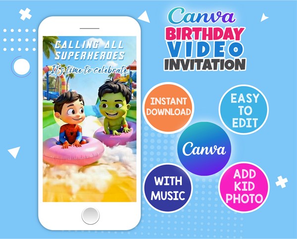 Marvel Heroes Pool Party Birthday Invitation Video – Editable Canva Template | Instant Download