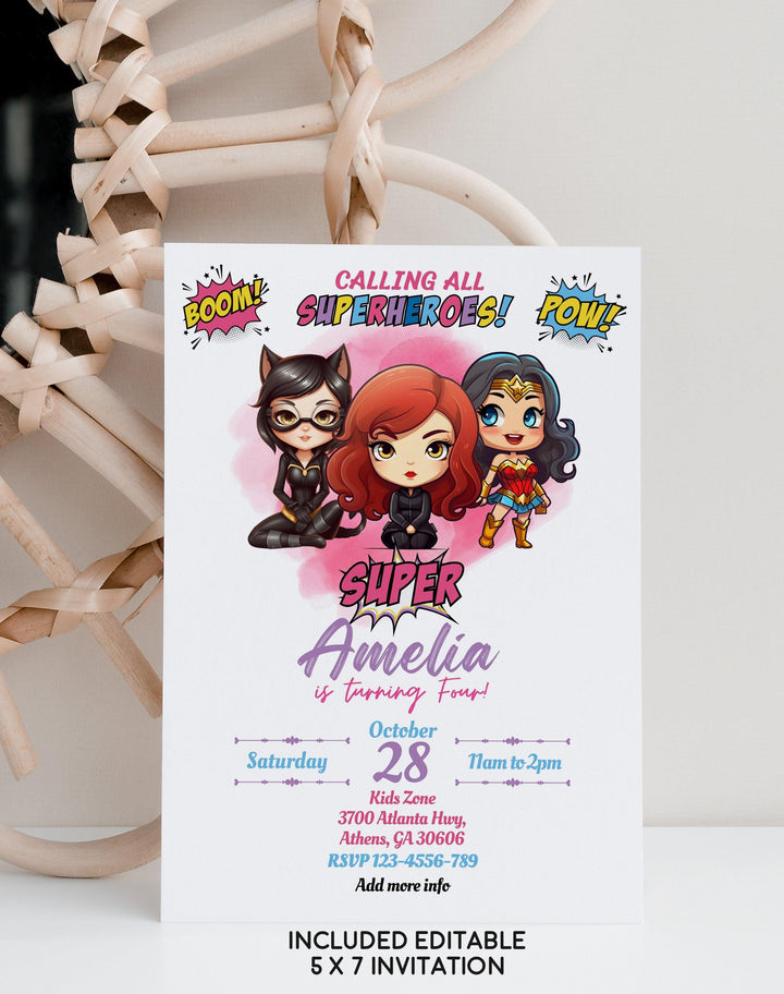 Wonder Woman Invitation - Batwoman Invitation - Super Hero Girls Invite - Phone Invite - Thanks tag - Instant download - Canva Template - kidszoneparty