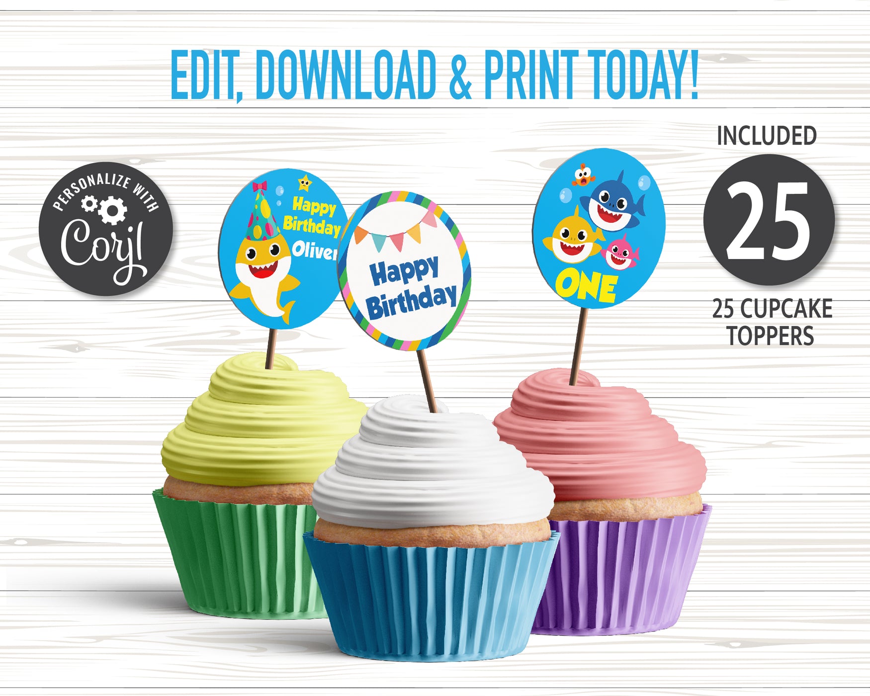 Baby Shark Birthday Cupcake Toppers |  Digital File | Editable | Printable | Instant Download
