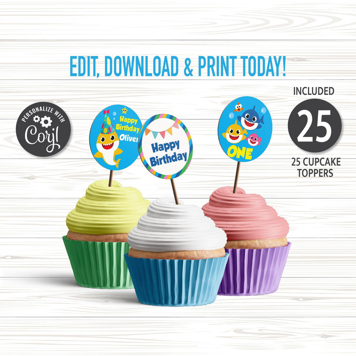 Baby Shark Birthday Cupcake Toppers | Digital File | Editable | Printable | Instant Download - kidszoneparty