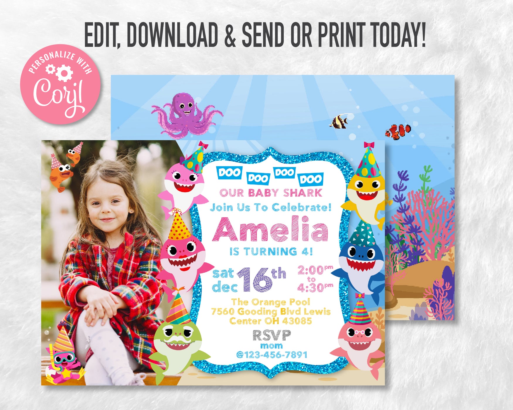 Baby Shark Birthday Invitation Template With Photo | Editable | Printable | Instant Download