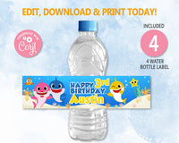 Baby Shark Inspired Birthday Water Bottle Label Editable | Baby Shark birthday invitation | Instant Digital Download | Printable
