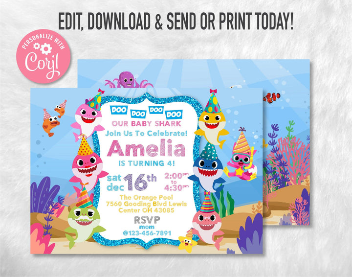 Baby Shark Birthday Invitation Template | Editable | Printable | Instant Download - kidszoneparty