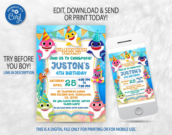 Baby Shark Birthday Invitation Template | Editable | Printable | Instant Download - kidszoneparty
