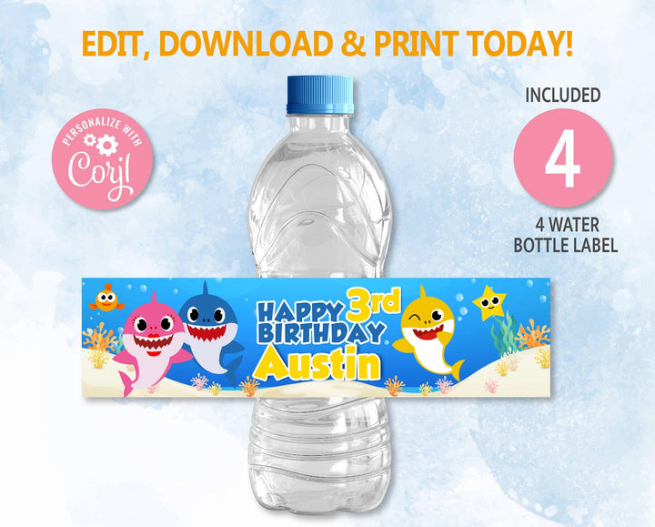 Baby Shark Inspired Birthday Water Bottle Label Editable | Baby Shark birthday invitation | Instant Digital Download | Printable - kidszoneparty