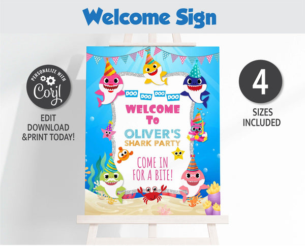 Baby Shark Birthday Welcome Sign | Editable | Printable | Instant Digital Download - kidszoneparty