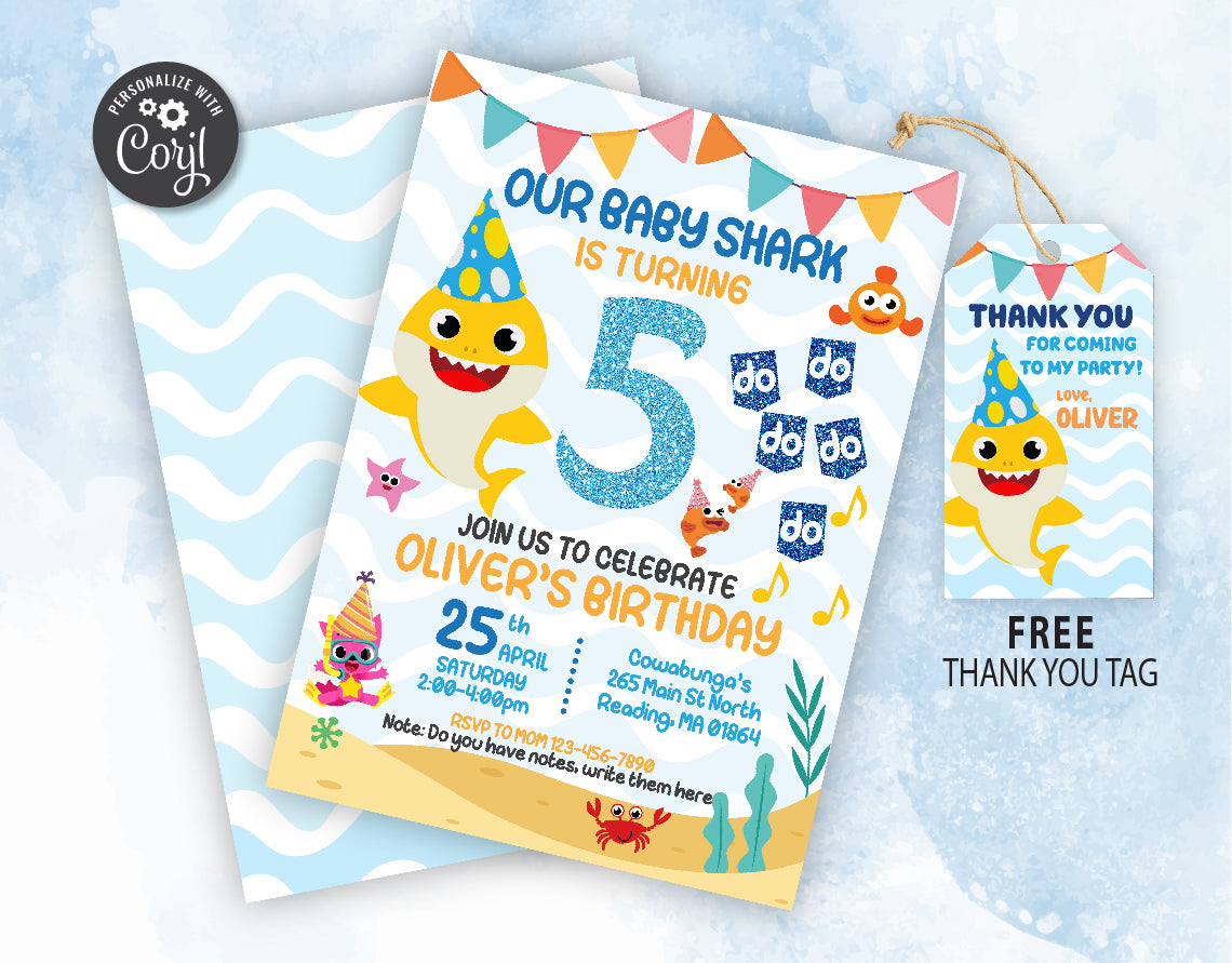 Baby Shark Birthday Invitation Template | Editable | Printable | Instant Download