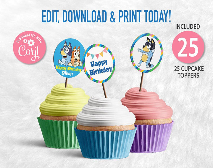 Bluey Birthday Cupcake Toppers | Digital File | Editable | Printable | Instant Download - kidszoneparty