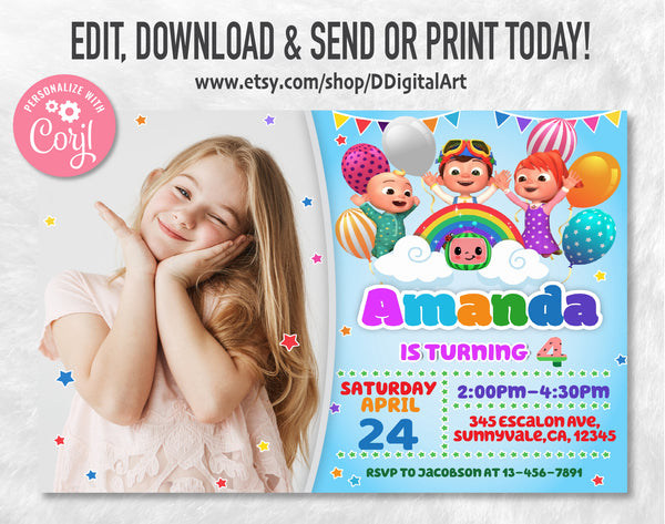 Cocomelon Birthday Invitation Template With Photo | Editable | Printable | Instant Download
