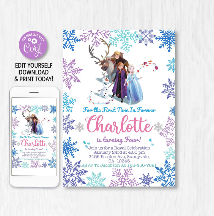 Elsa anna Olaf Kristoff Sven Frozen Party Invitation - Editable-Printable - Instant Download - kidszoneparty