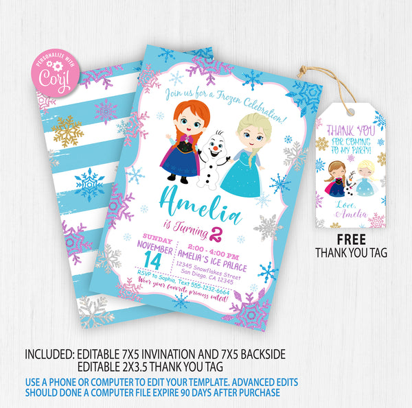 Frozen Birthday Invitation Template | Elsa Anna Birthday Party Invitation | Editable | Printable | Instant Download