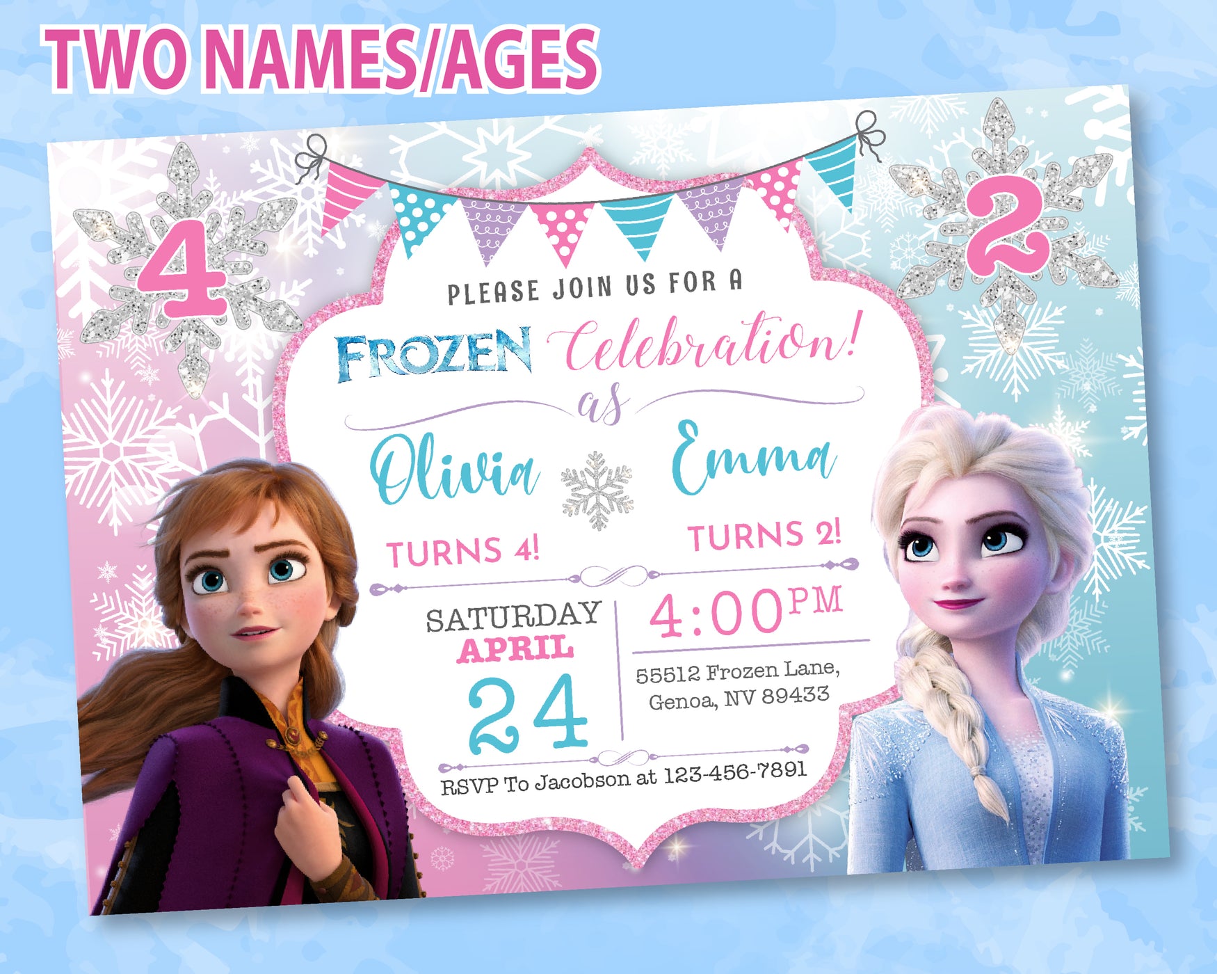 Frozen Birthday Invitation | Two Names | Two Ages | Editable | Printable | Instant Download