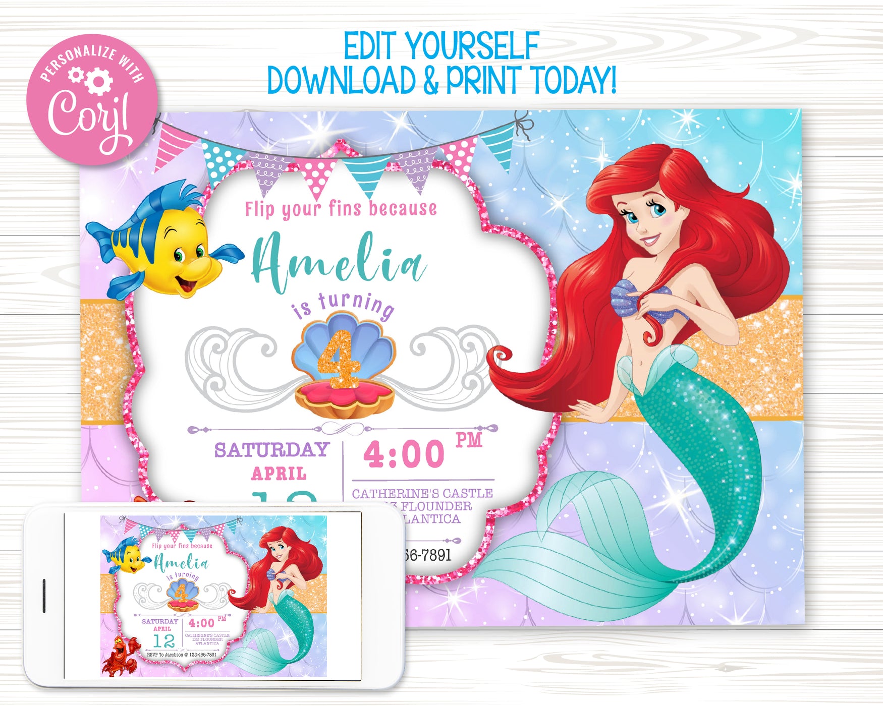 Little Mermaid Birthday Invitation Template | Editable | Printable | Instant Download