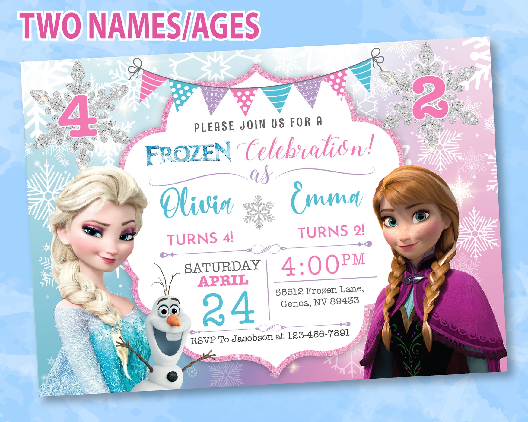 Frozen Birthday Invitation | Two Names | Two Ages | Elsa Anna Birthday Party Invitation | Editable | Printable | Instant Download