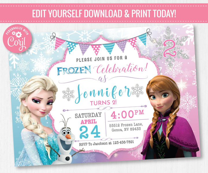 Frozen Birthday Invitation Template ELSA ANNA Invitation| Editable | Printable | Instant Download - kidszoneparty
