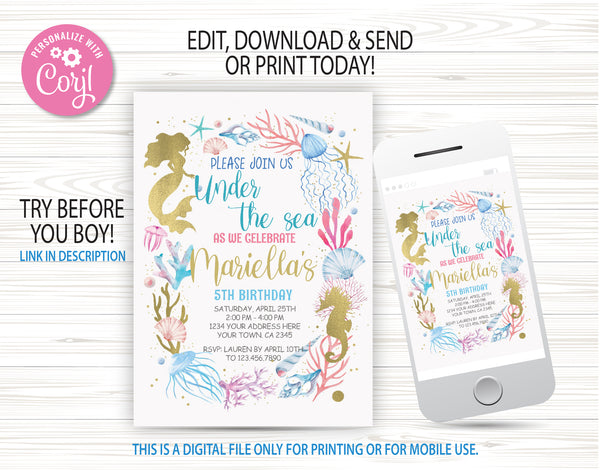 Under the Sea Birthday Invitation Template | Editable | Printable | Instant Download