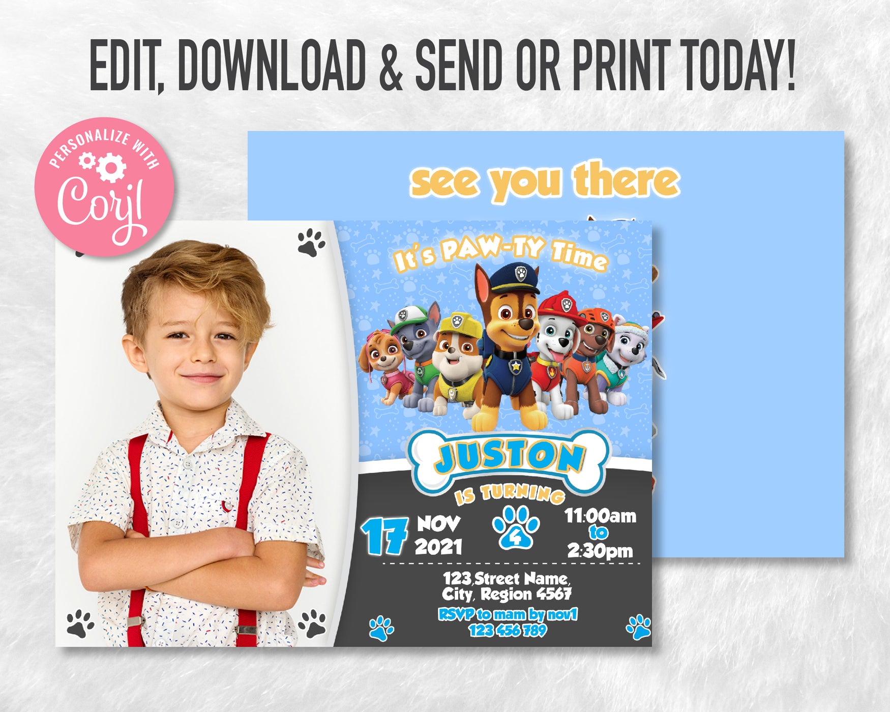 Paw Patro Birthday Invitation Template With Photo| Editable | Printable | Instant Download
