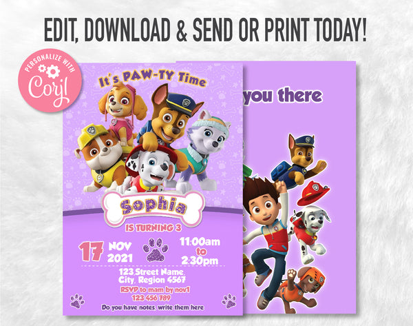 Paw Patro Birthday Invitation Template | Editable | Printable | Instant Download