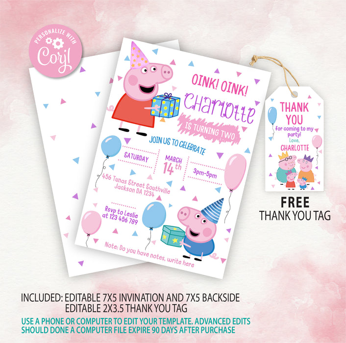 Peppa Pig Birthday Invitation Template | Editable | Printable | Instan ...