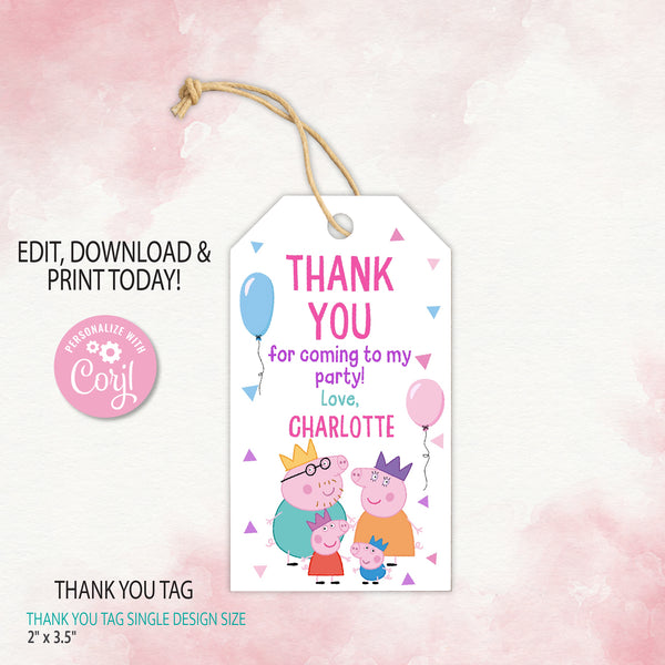 Peppa Pig Thank you tag Template | Editable | Printable | Instant Download