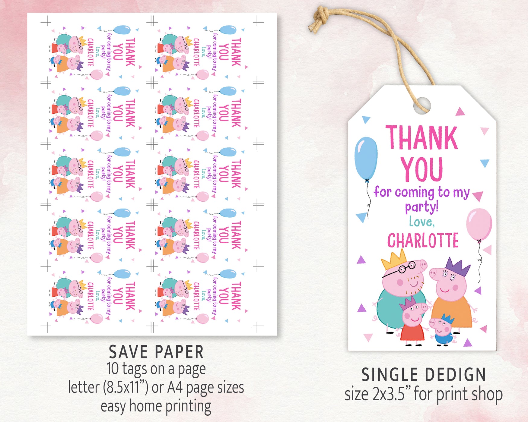 Peppa Pig Thank you tag Template | Editable | Printable | Instant Download