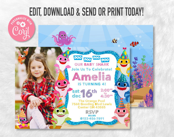 Baby Shark Birthday Invitation Template With Photo | Editable | Printable | Instant Download - kidszoneparty