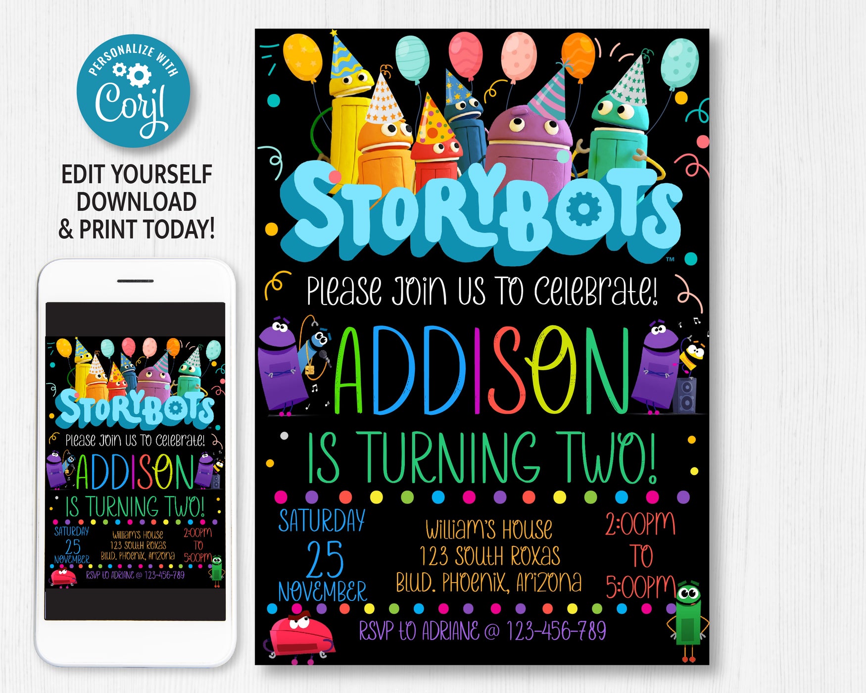 StoryBots Birthday Invitation | Beep, Bing, Bang, Boop, & Bo | Team 341B | Digital Printable Birthday Party Invitation
