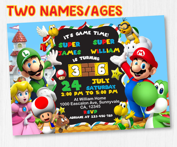 Super Mario Birthday Invitation Template | Two Names / Ages | Editable | Printable | Instant Download