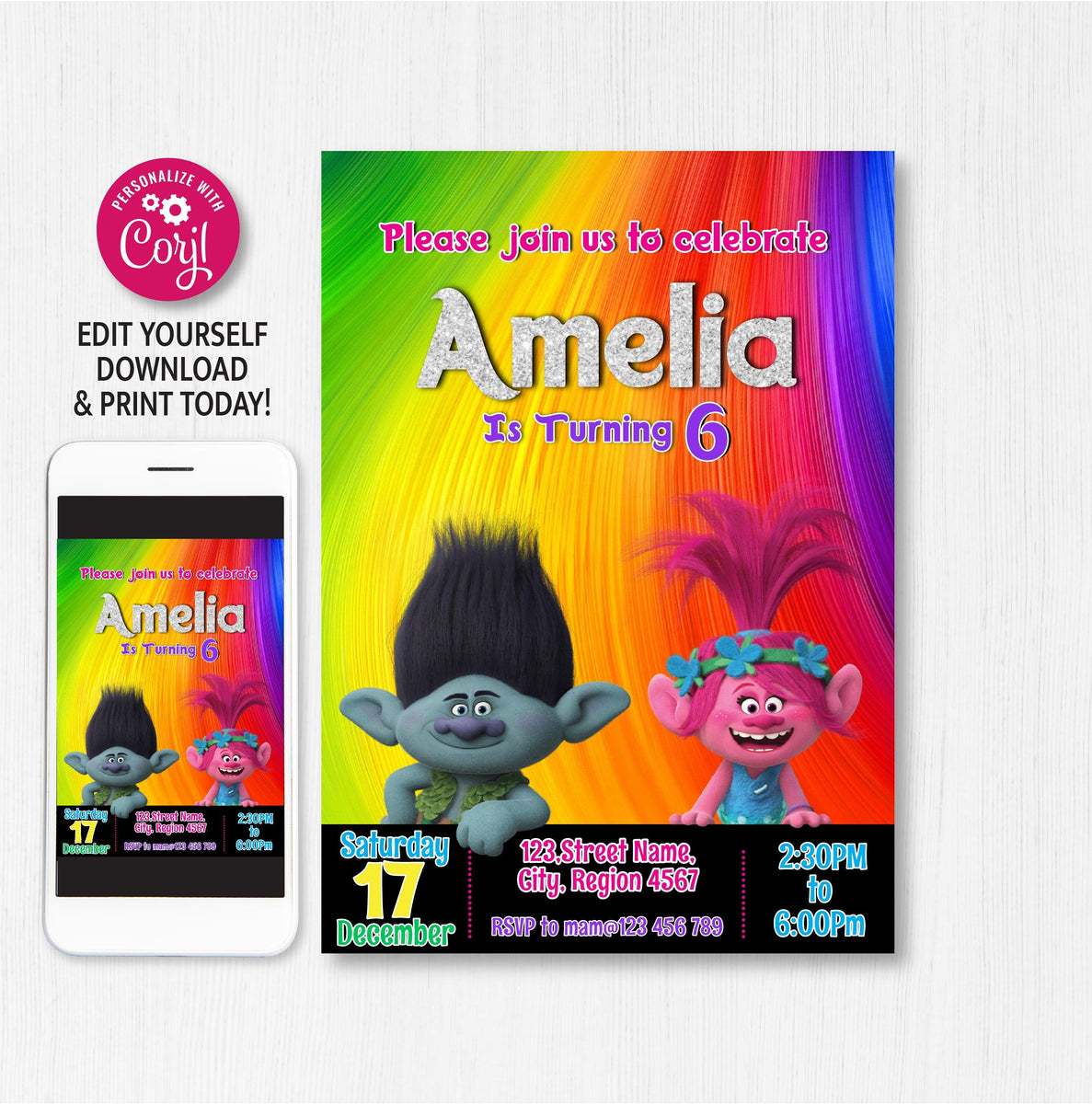 Trolls Birthday Girl Party Invitation Party Editable Template