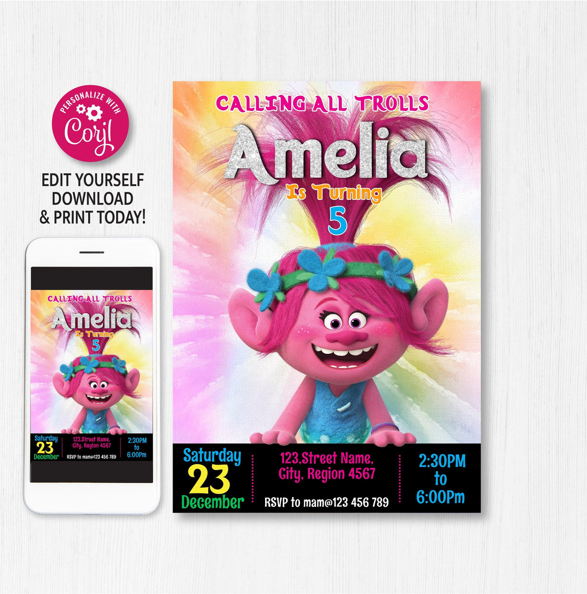 Trolls Birthday Girl Party Invitation Party Editable Template