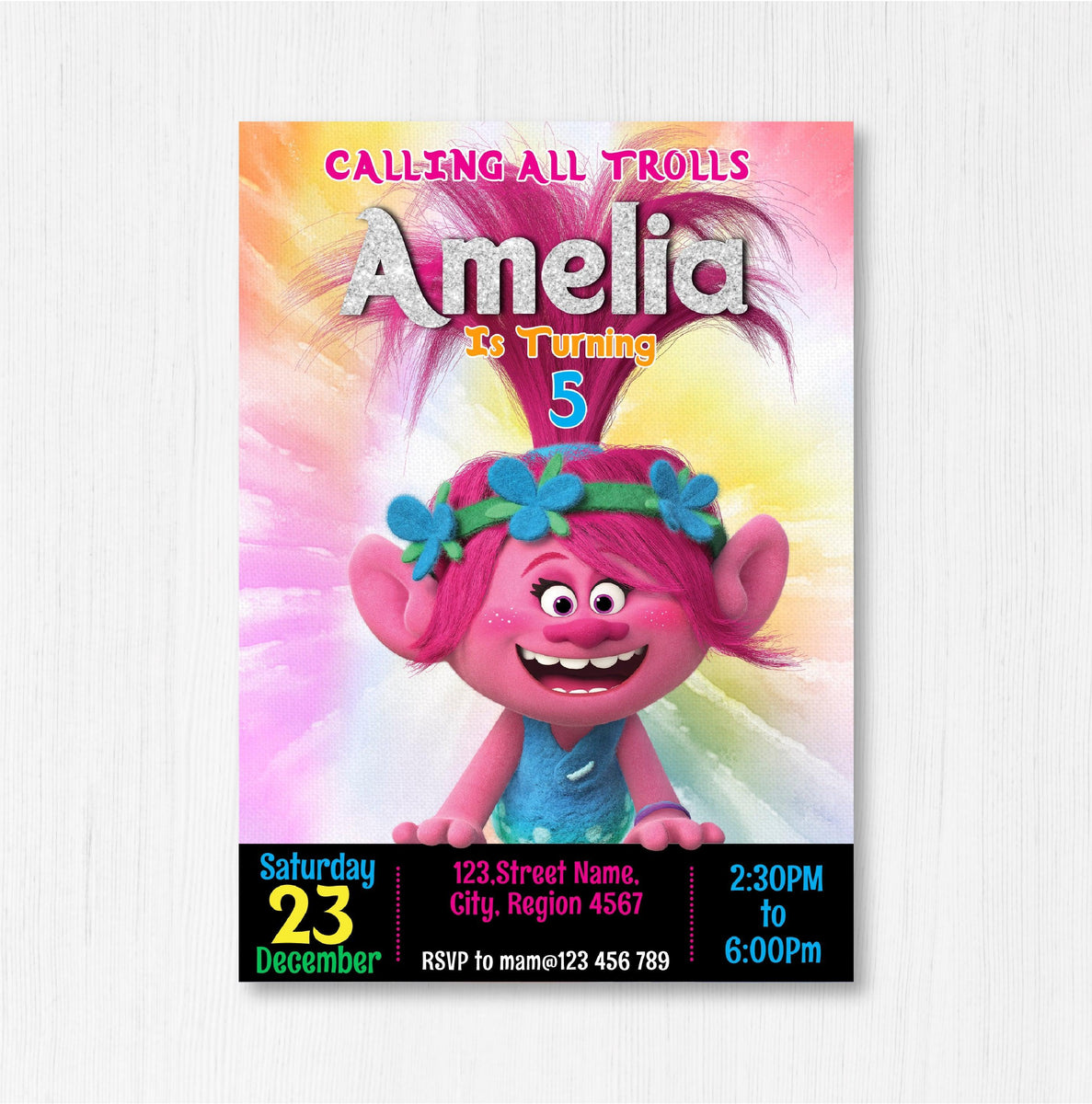 Trolls Birthday Girl Party Invitation | Party Editable Template ...