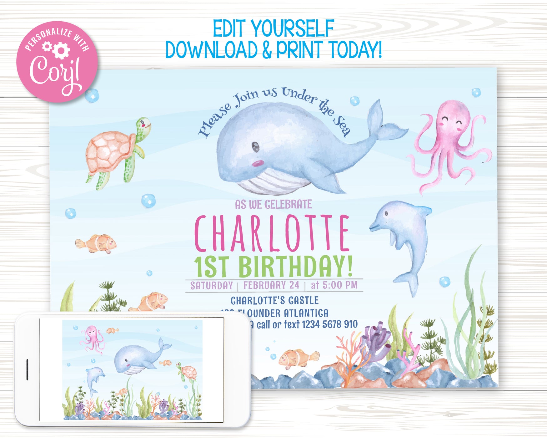 Under the Sea Birthday Invitation Template | Editable | Printable | Instant Download