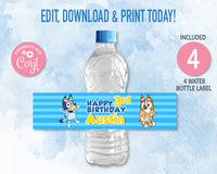 Bluey Inspired Birthday Water Bottle Label Editable | bluey birthday invitation | Instant Digital Download | Printable
