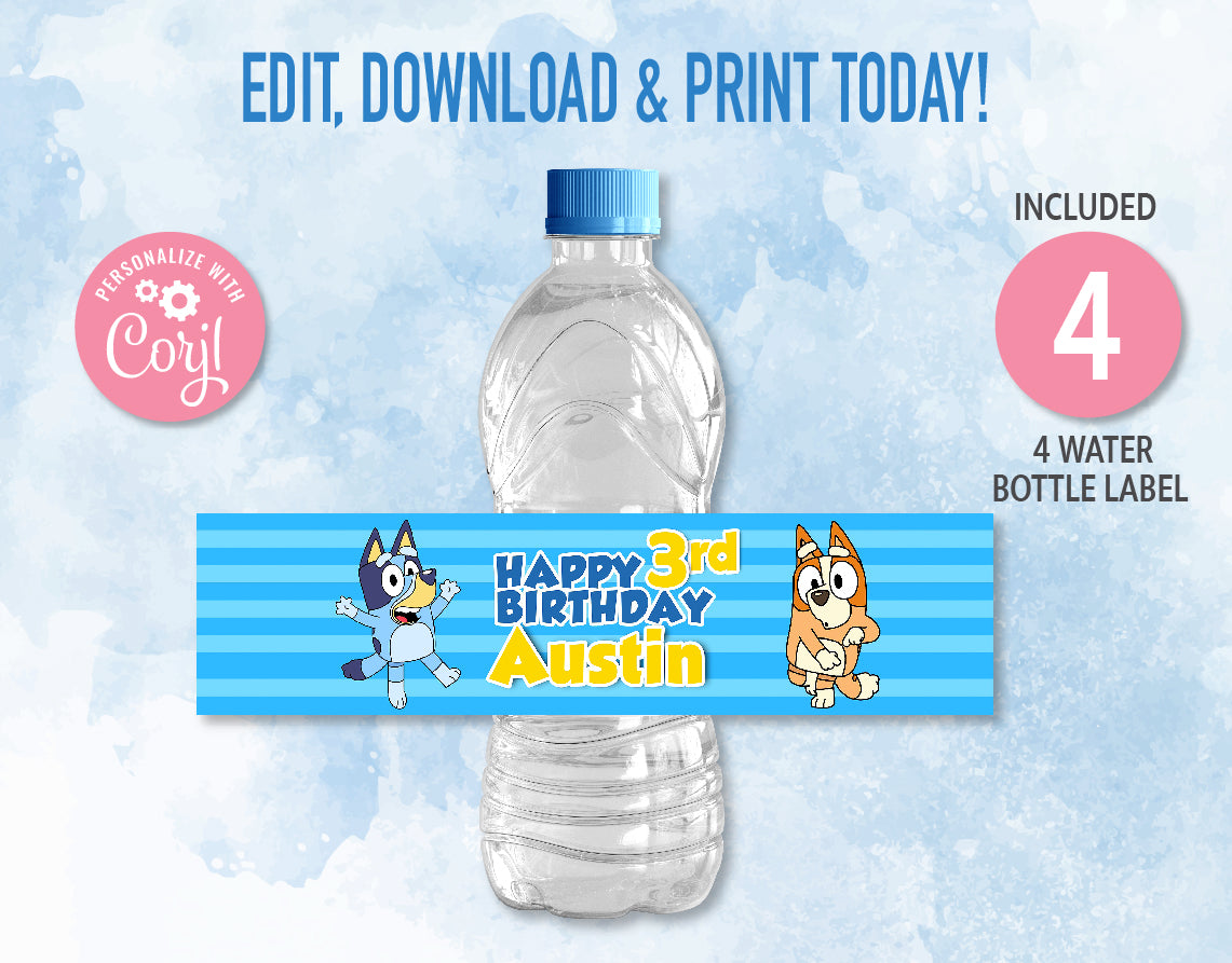 Bluey Inspired Birthday Water Bottle Label Editable | bluey birthday invitation | Instant Digital Download | Printable