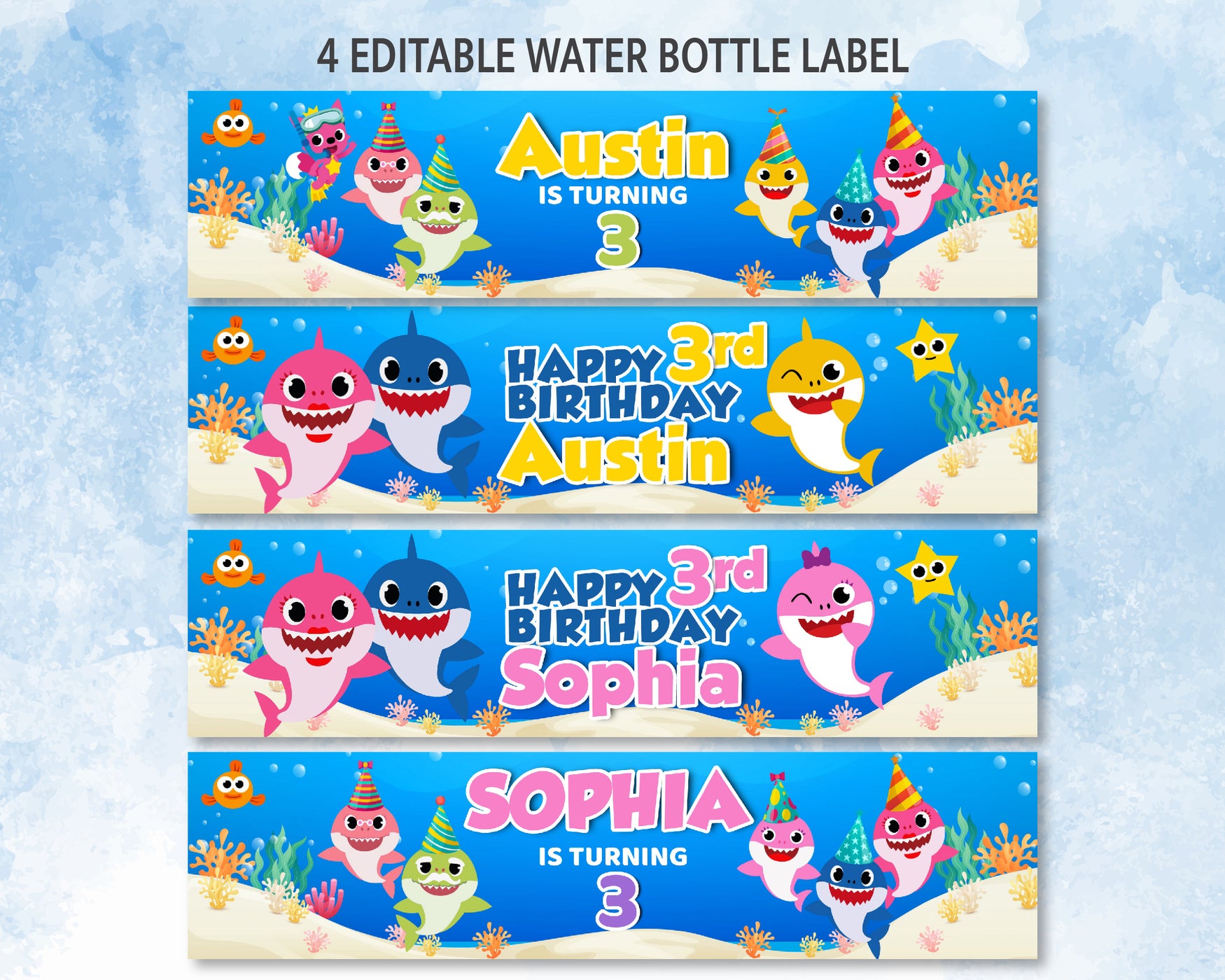 Baby Shark Inspired Birthday Water Bottle Label Editable | Baby Shark birthday invitation | Instant Digital Download | Printable