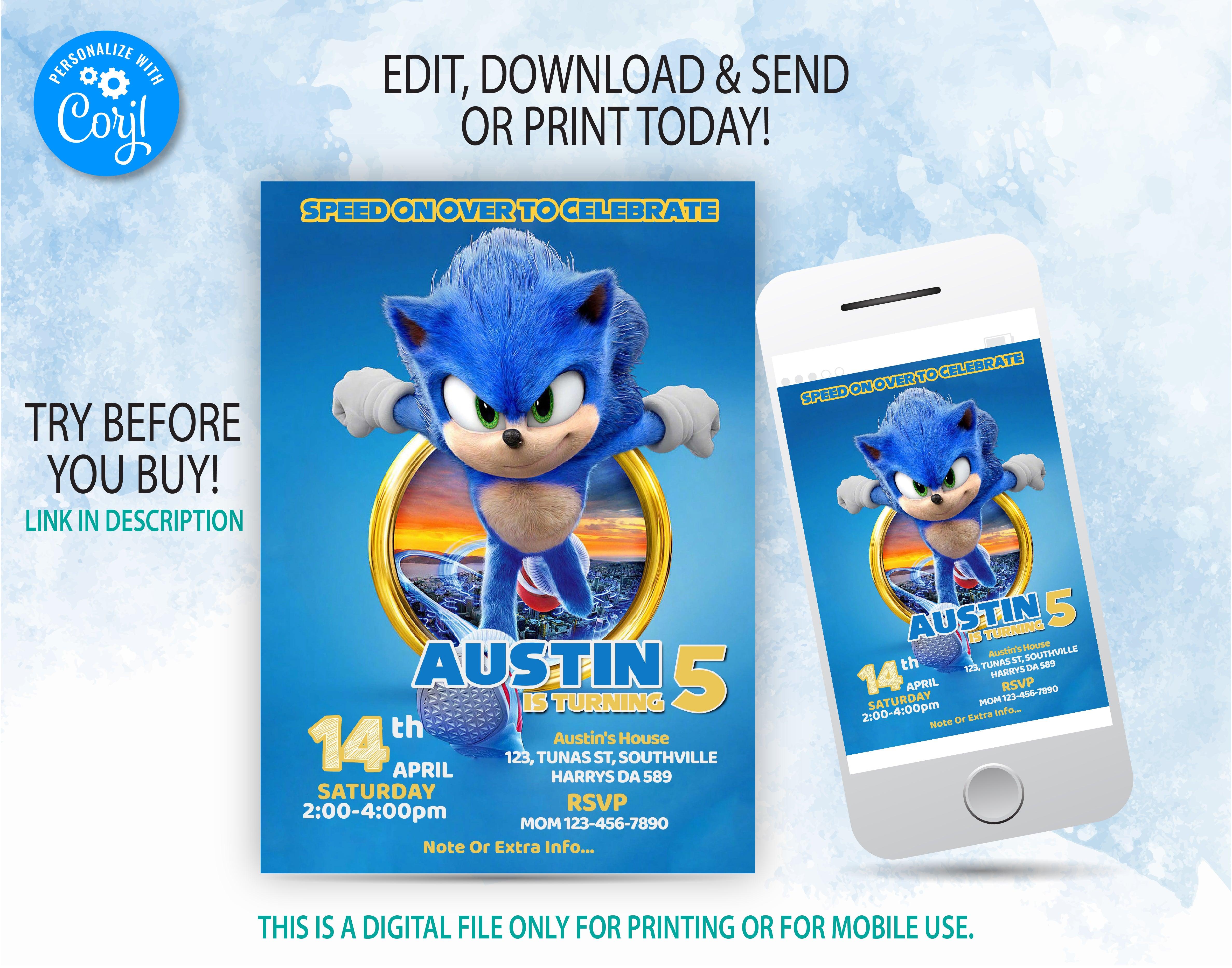 Sonic Birthday Invitation Template | Free Thank you tag | Editable | P ...