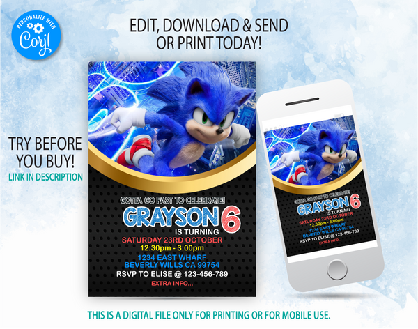 Sonic Birthday Invitation Template | Free Thank you tag | Editable | Printable | Instant Download