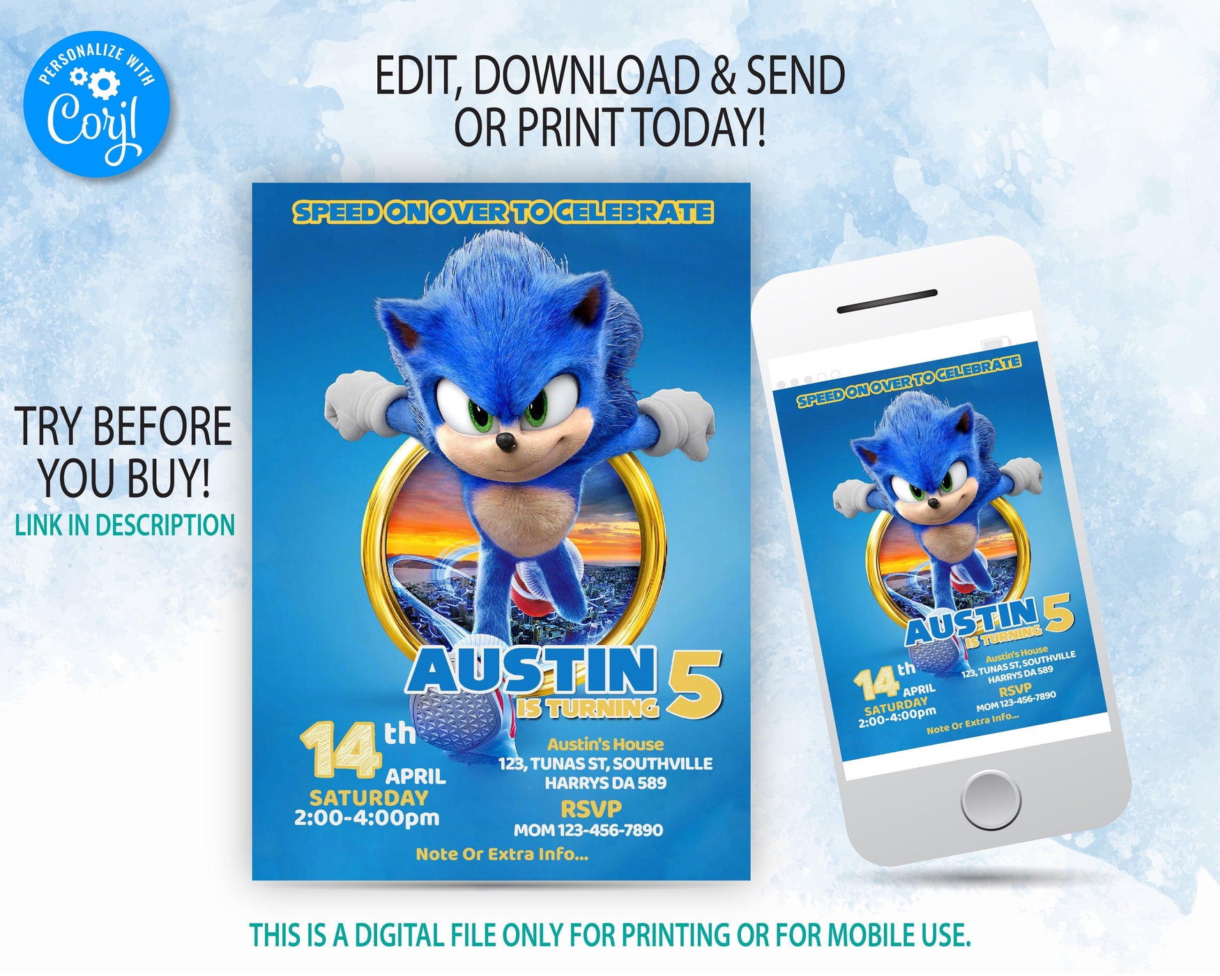 Sonic Birthday Invitation Template | Free Thank you tag | Editable | Printable | Instant Download