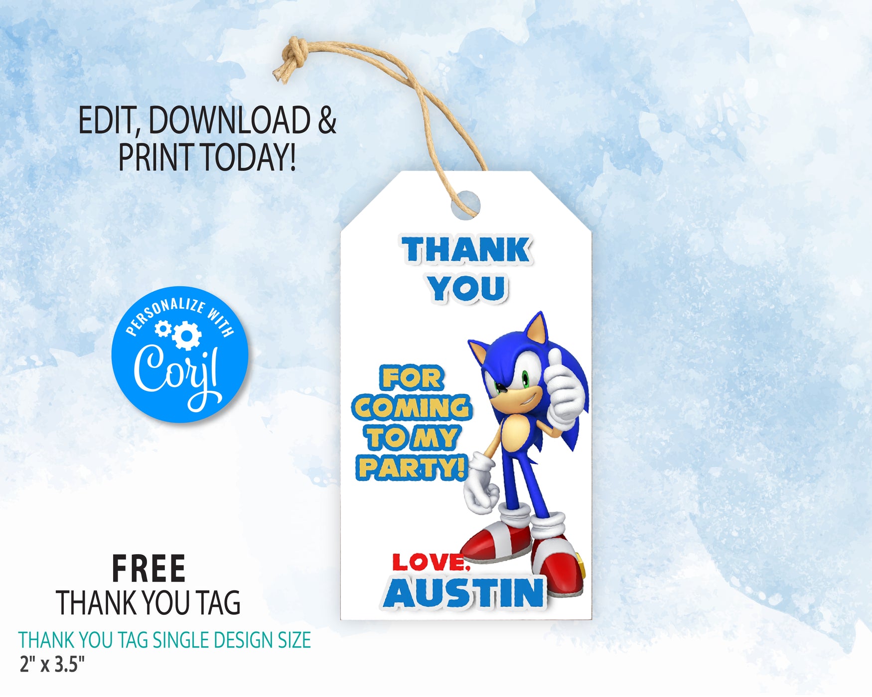 Sonic Thank you tag Template, Editable, Printable