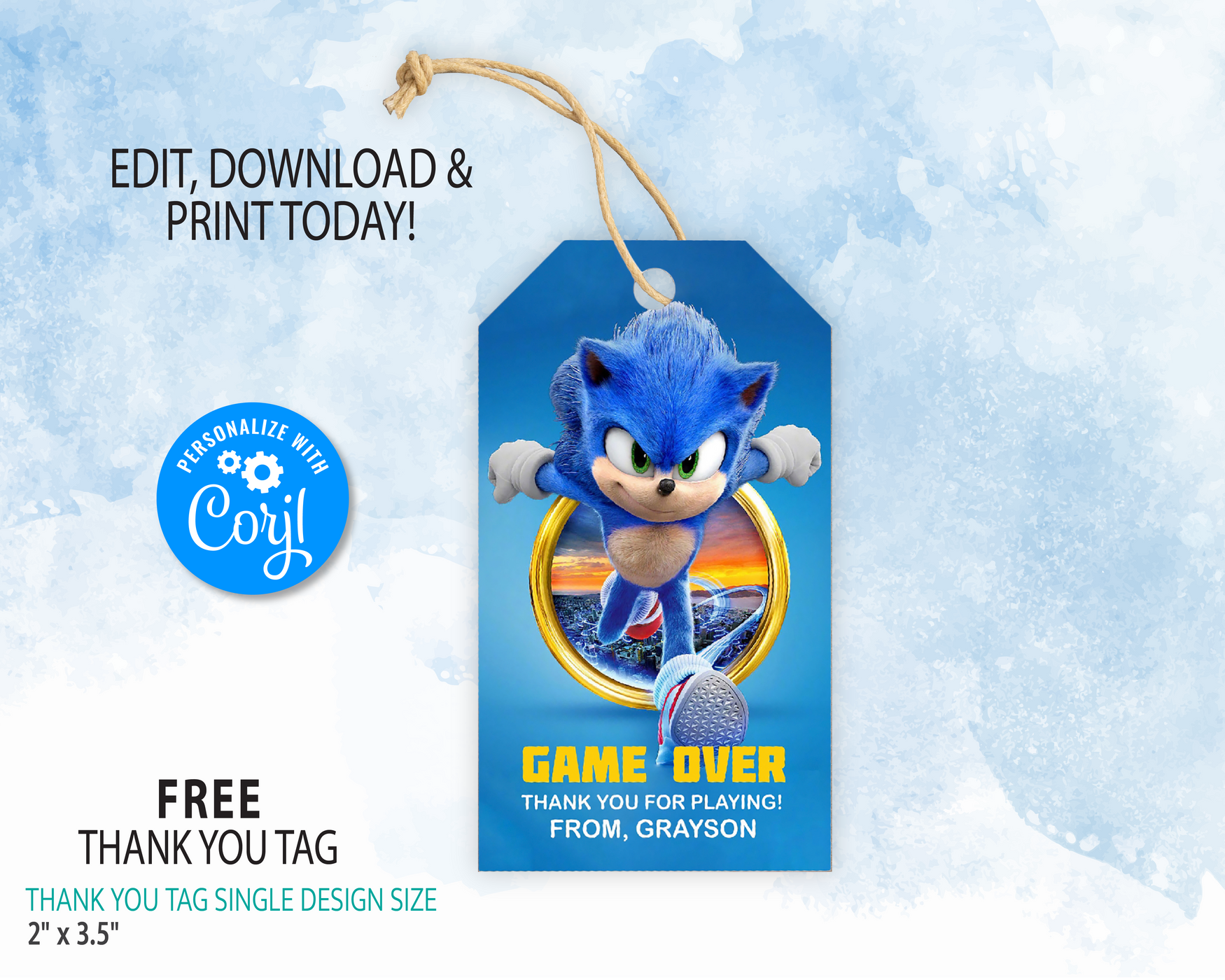 Sonic Birthday Invitation Template | Free Thank you tag | Editable | Printable | Instant Download